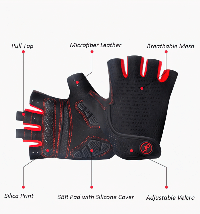 Black and red half-finger motorcycle cycling gloves with breathable mesh, microfiber leather, and adjustable Velcro.