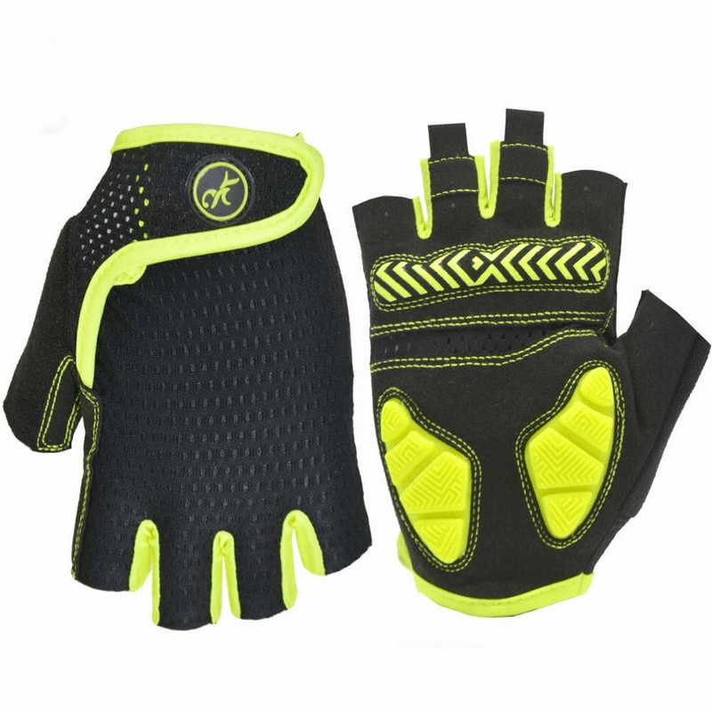 Anti-shock breathable half-finger cycling gloves, black with neon yellow accents, unisex design for enhanced outdoor grip and comfort.