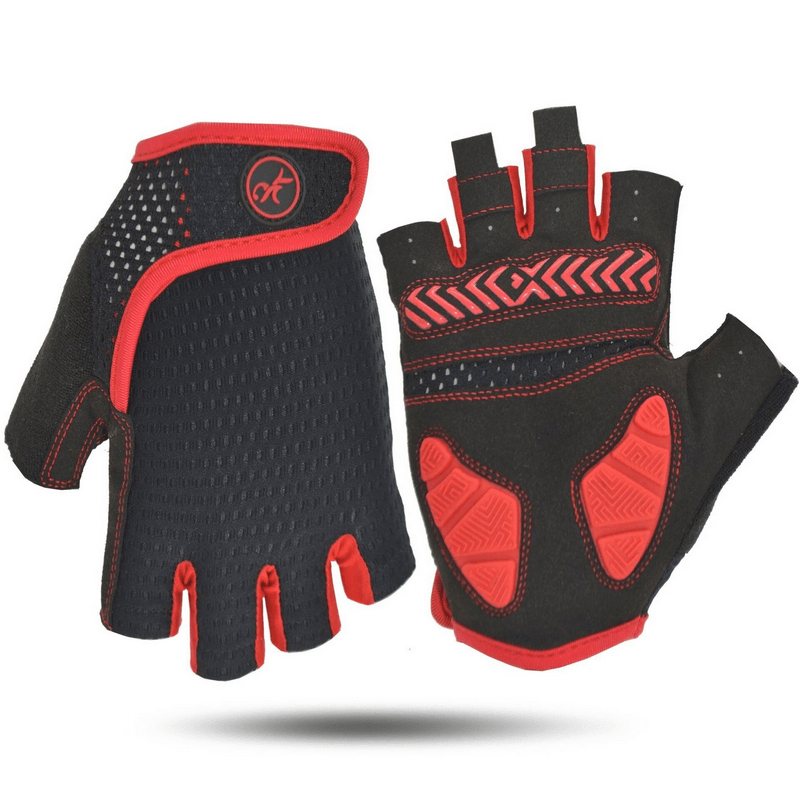 Unisex anti-shock breathable motorcycle cycling gloves, half finger, durable polyester, red and black design - SF0535