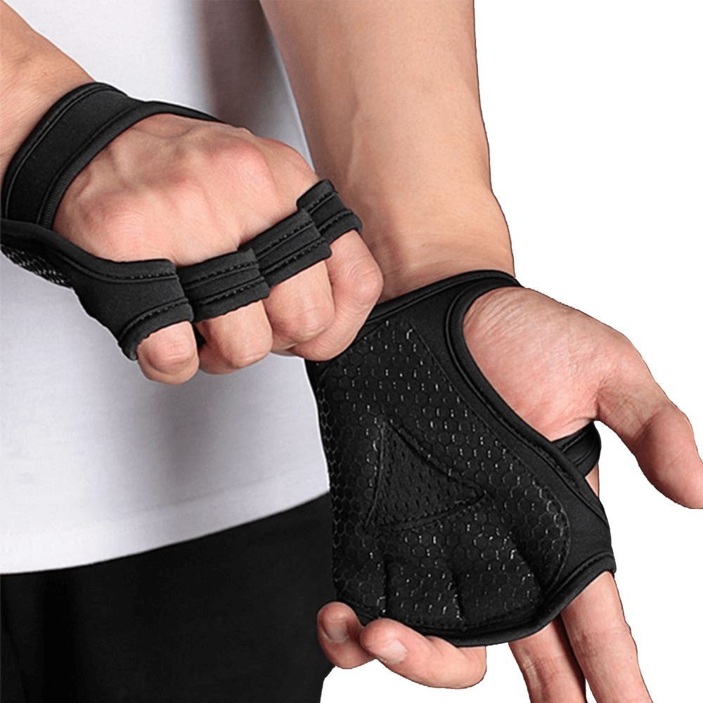 Anti-skid exercise workout gloves for men and women, SF0395, lightweight microfiber, secure grip, half-finger unisex design.