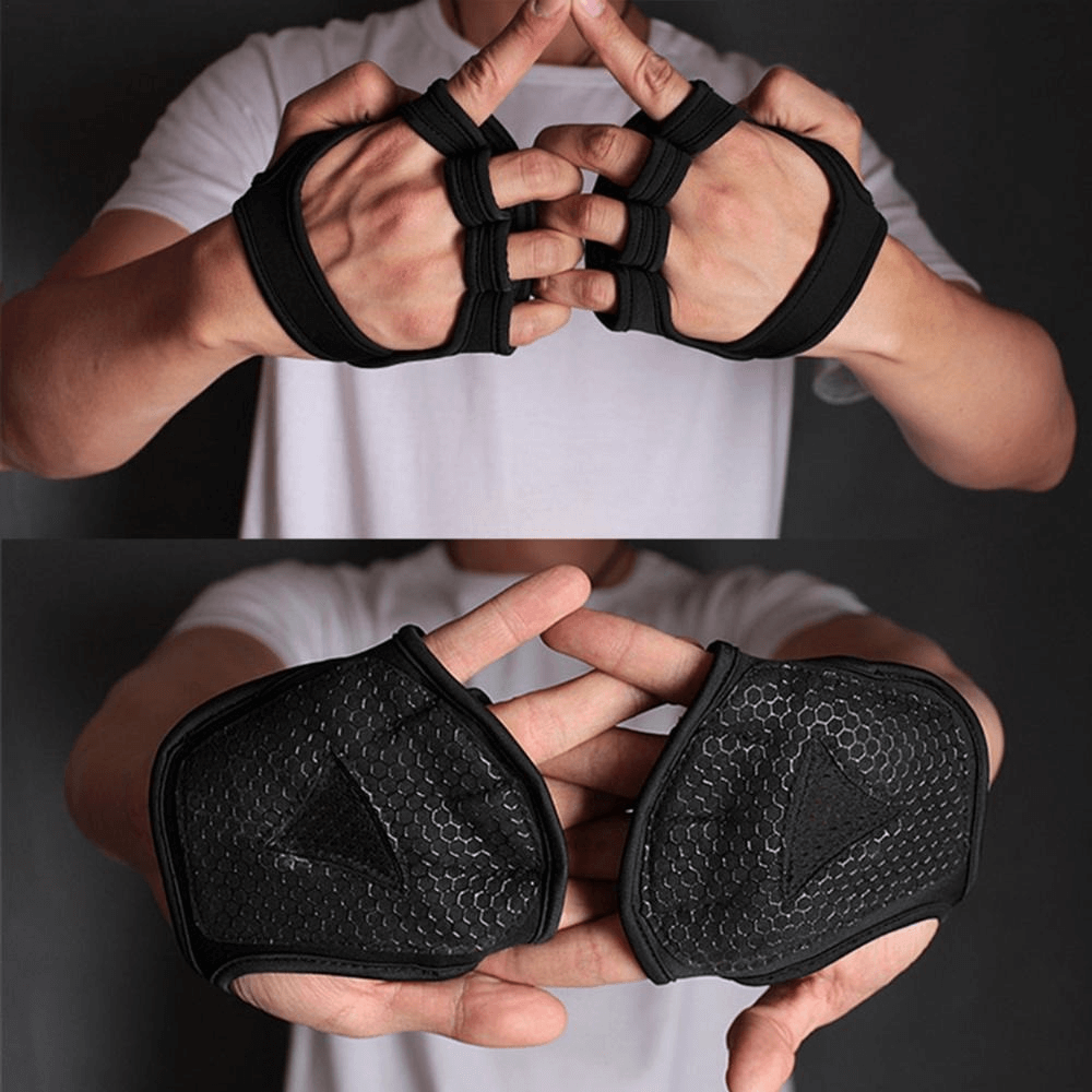 Anti-skid exercise workout gloves in black with half-finger design, ideal for cycling and sports, shown front and back.