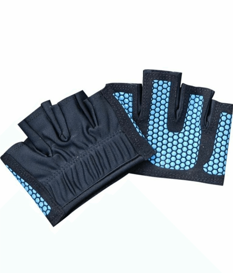 Anti-slip breathable short gloves with blue accents, open fingers for training. Unisex wrist-length design made of acetate and silicone.