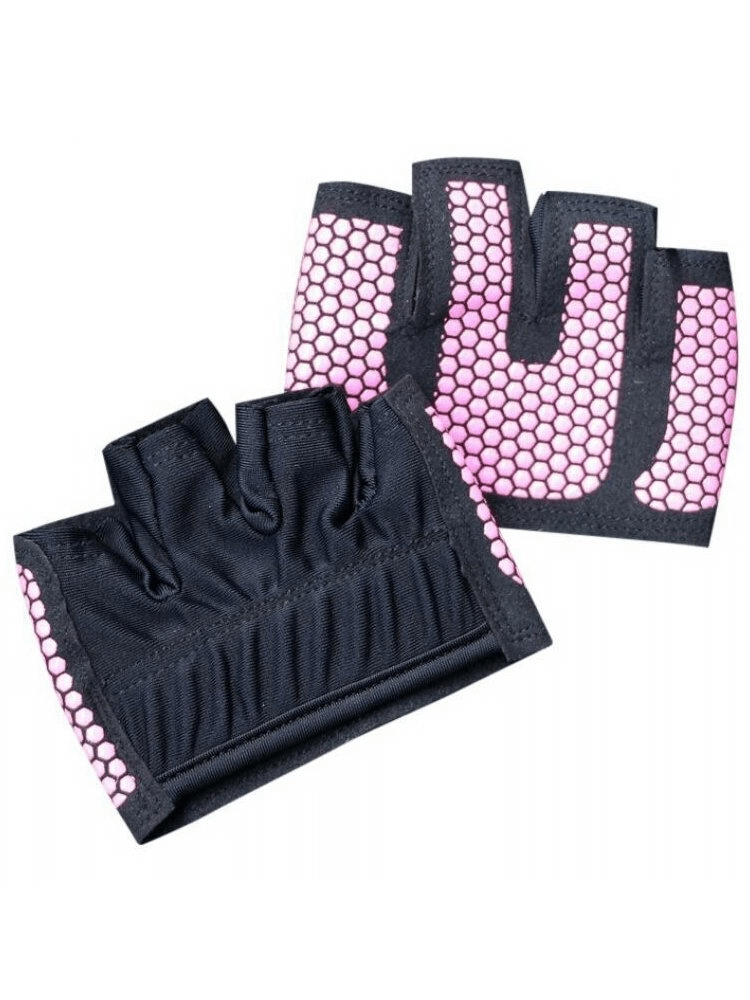 Anti-slip breathable short gloves with open fingers in black and pink for training. Unisex design with silicone grip, perfect for workouts.