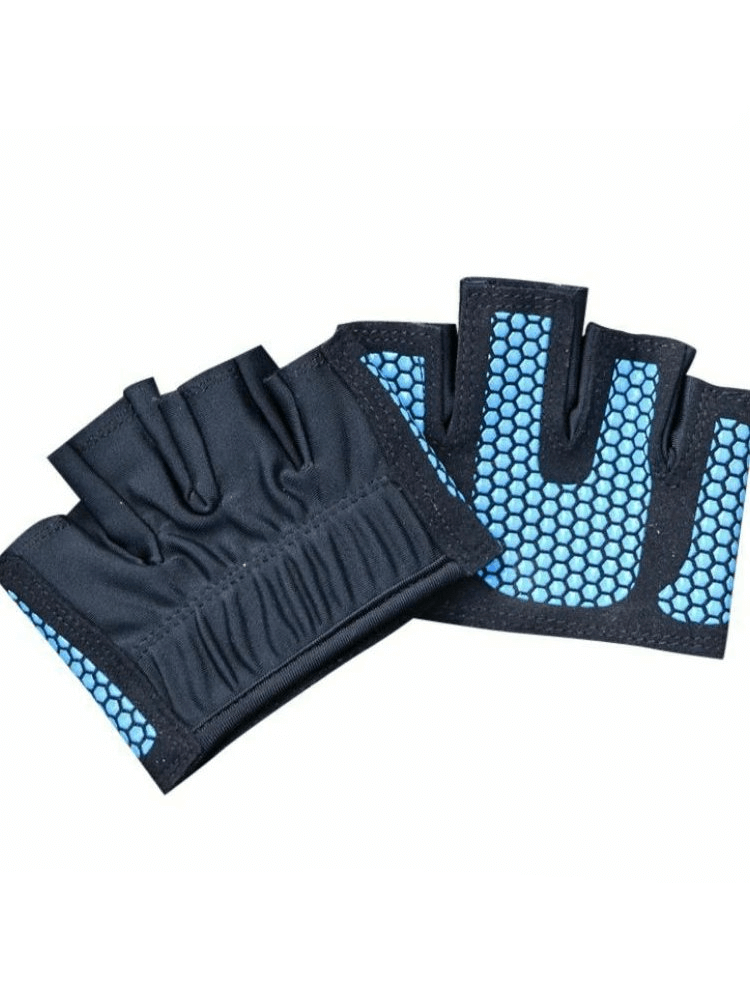 Unisex anti-slip breathable short gloves with open fingers for training, featuring stylish blue accents, made from acetate and silicone.