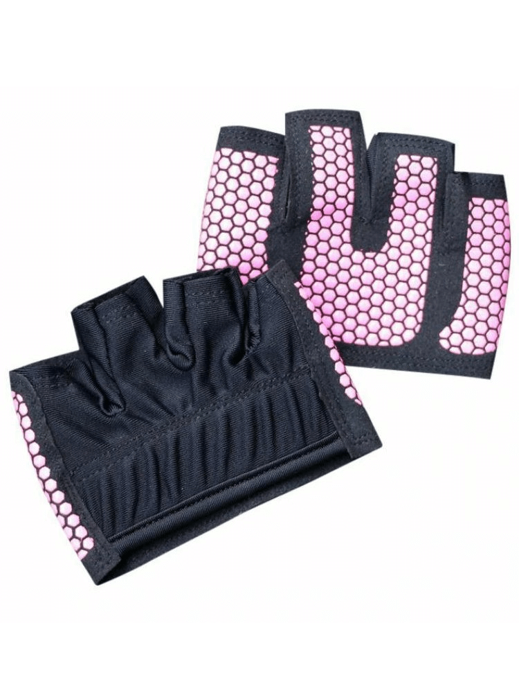 Pink and black anti-slip breathable short gloves with open fingers, ideal for training and fitness, made from acetate and silicone.