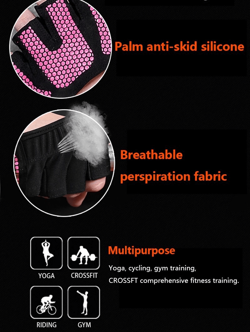 Close-up of anti-slip breathable training gloves with open fingers, showcasing palm anti-skid silicone and breathable fabric features.