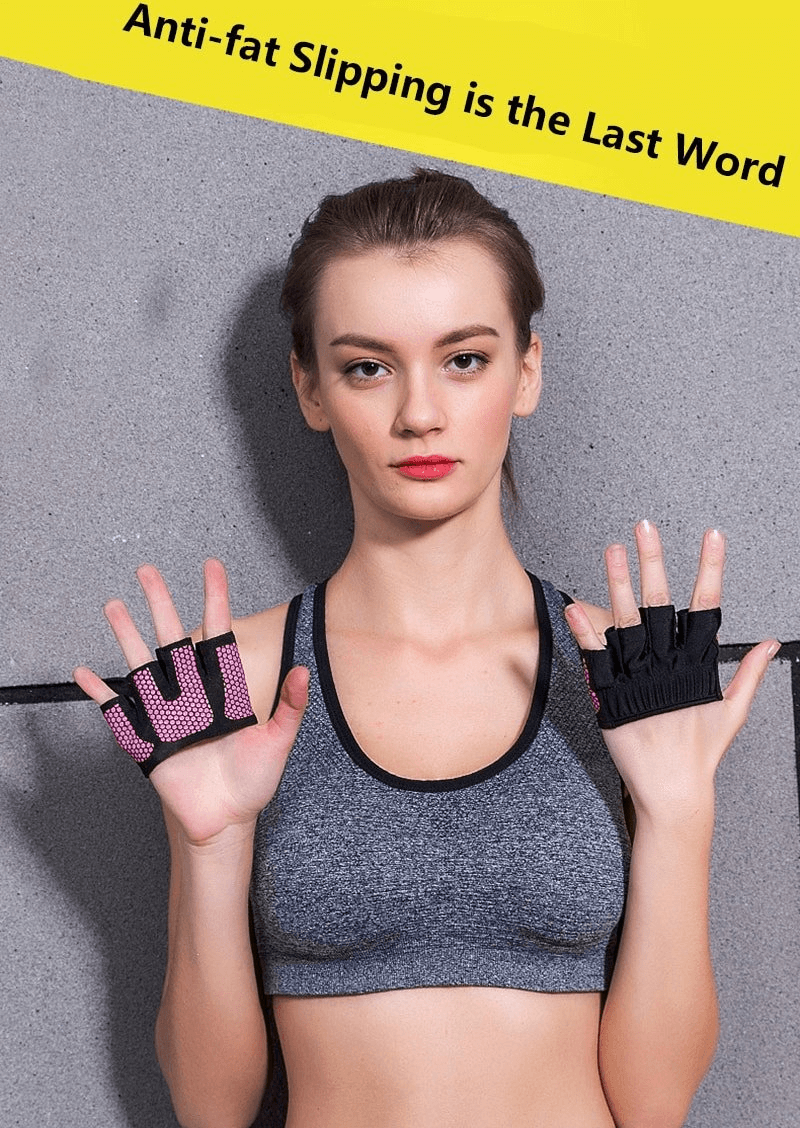 Woman wearing anti-slip breathable short gloves with open fingers for training; stylish unisex gloves in pink and black.