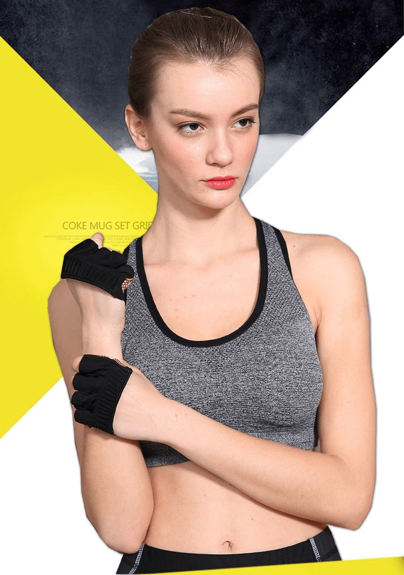 Model wearing anti-slip breathable open finger training gloves in black, showcasing wrist-length style. Unisex fitness accessory, SF0404.