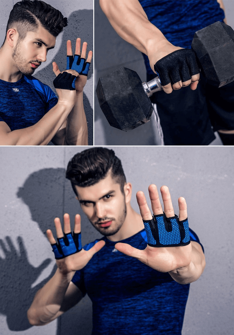 Model wearing anti-slip breathable short gloves with open fingers, demonstrating grip with dumbbells and posing for style.