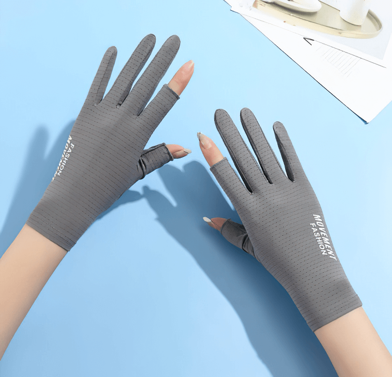 Gray anti-UV thin gloves for riding and driving, with open two fingers design, breathable and anti-slip grip for women.