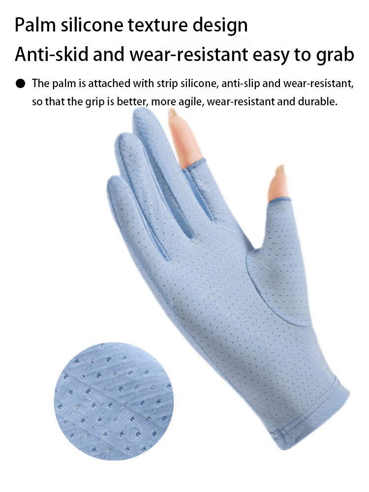 Blue anti-UV thin glove with open two fingers, anti-slip and breathable design, ideal for women riding or driving.