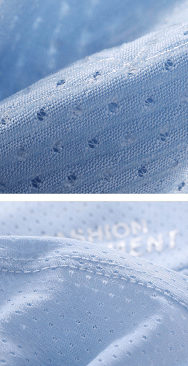 Close-up of breathable blue polyester fabric for anti-UV riding gloves, showing mesh texture and fine stitching detail.