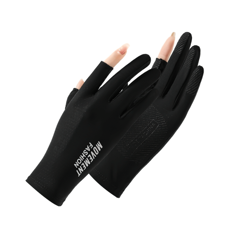 Black anti-UV thin gloves for riding, driving, open two-finger design, breathable with anti-slip grip, perfect for cycling.