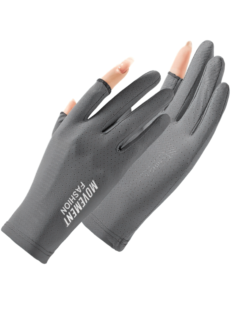 Gray anti-UV thin riding gloves for women with open two fingers, breathable and anti-slip design, perfect for cycling and driving.