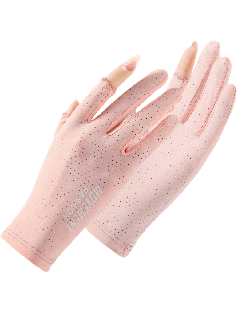 Light pink anti-UV thin gloves for riding and driving, open two fingers design, breathable and anti-slip, for women.