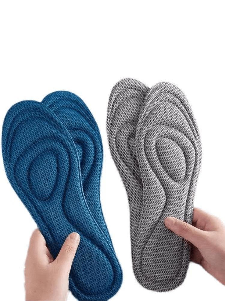 Pair of blue and gray antibacterial massage insoles for sports shoes, featuring memory foam design for comfort and breathability.