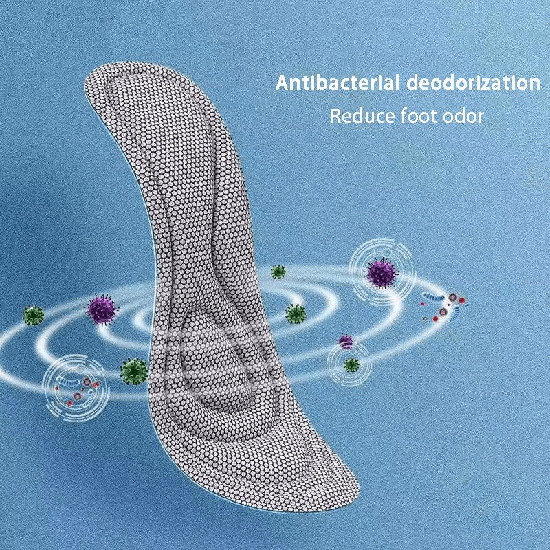 Antibacterial massage insoles for sports shoes with deodorizing effect, showcasing odor reduction feature on blue background.