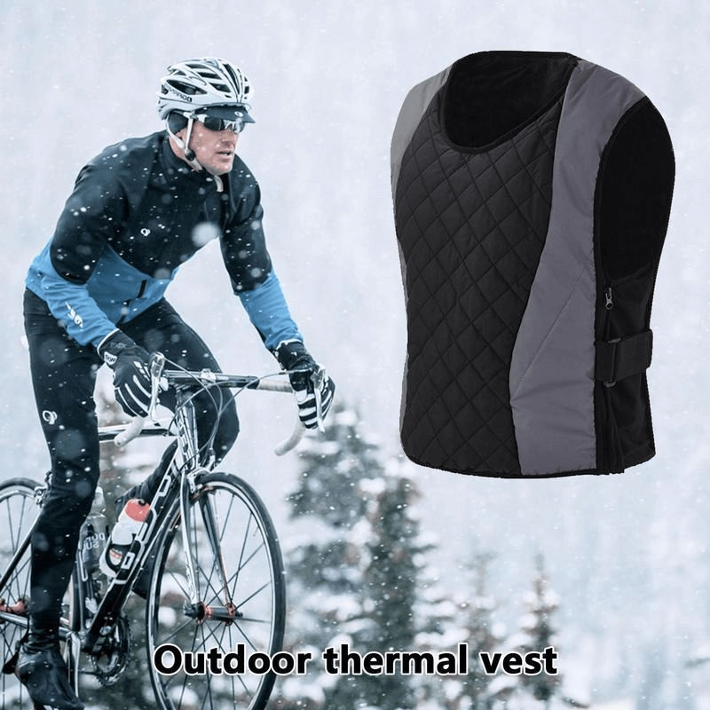 Cyclist wearing warm artificial rabbit fur vest with adjustable waist for cycling in snow