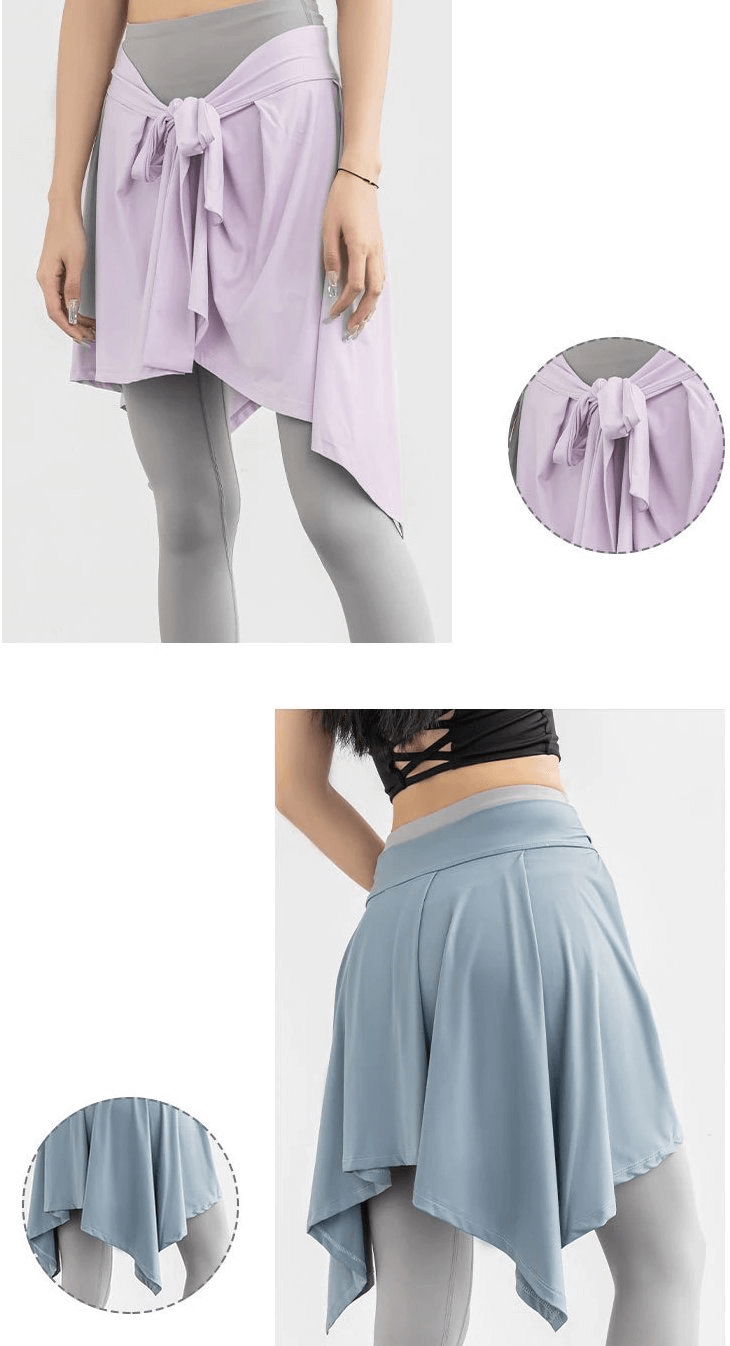 Asymmetric quick-drying women's tennis skirt with ties in purple and blue for enhanced mobility and comfort.