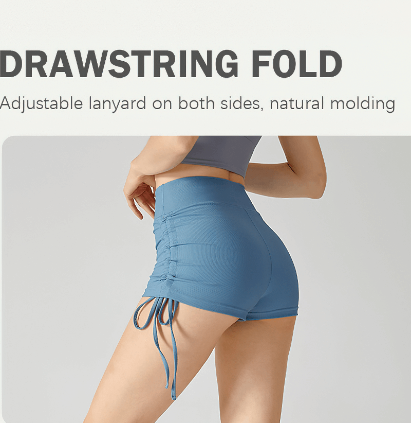 Athletic high waist ribbed shorts with adjustable lanyards for yoga, showing side view and drawstring detail.
