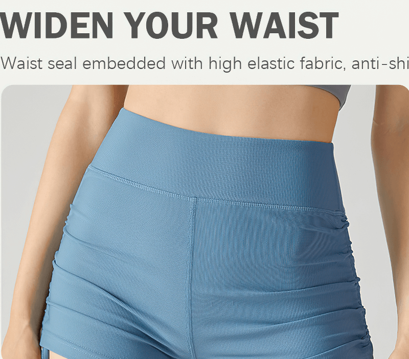 Close-up of athletic high waist ribbed shorts with adjustable lanyards for yoga, featuring a secure fit and high elasticity in blue.