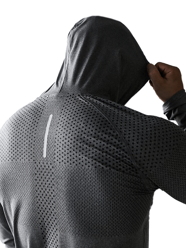 Athletic men's hooded sweatshirt, breathable polyester, ideal for workouts, back view showing perforated design, hooded collar.