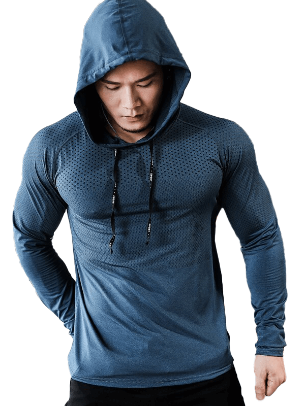 Athletic men's hooded sweatshirt in blue, ideal workout clothing with a hooded collar, made of lightweight polyester for comfort.