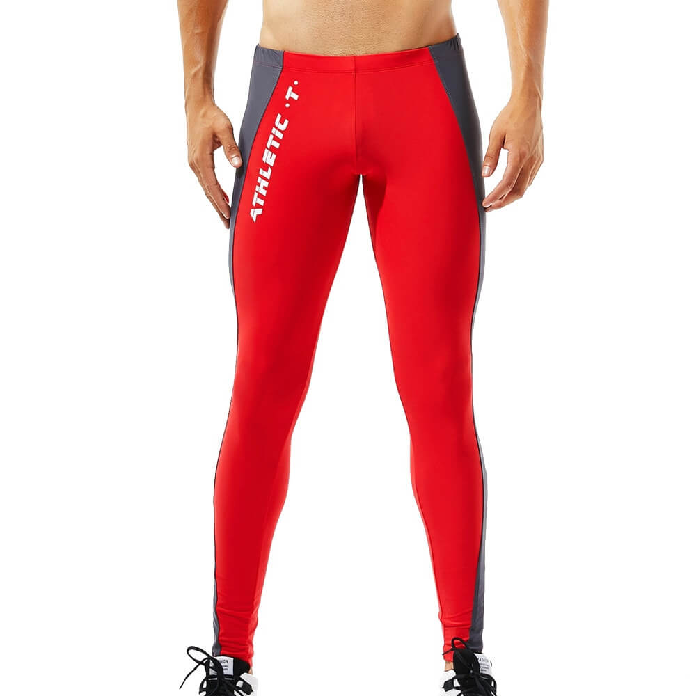 Red and grey men's athletic tights for workout, mid-waist skinny fit, made of nylon and spandex, perfect for gym and leisure.