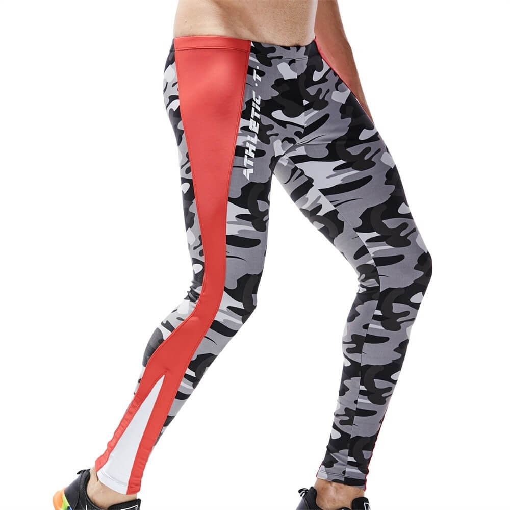 Athletic men's tights SF1083 with camo and red design for workout, made from nylon and spandex, mid-waist, full-length, skinny fit.