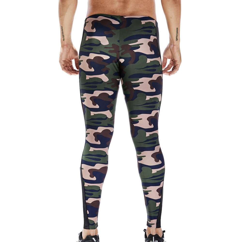 Back view of men's camo athletic tights, SF1083, with skinny fit and mid-waist design, perfect for workouts or leisure.