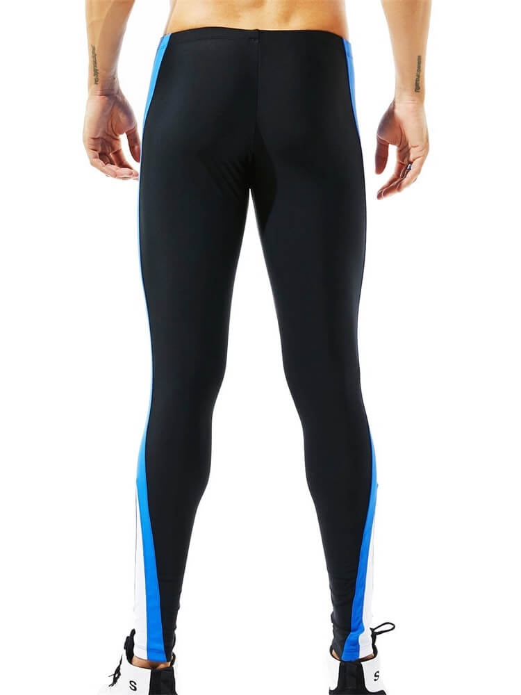 Back view of athletic men's tights in black with blue stripes, mid-waist, skinny fit, ideal for workout and leisure - Model SF1083