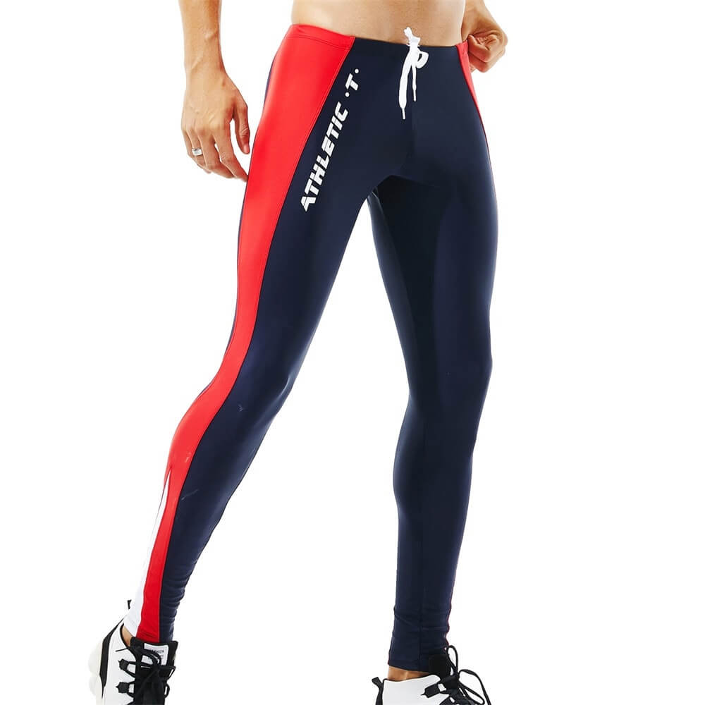 Athletic men's tights SF1083, navy and red stretchy workout leggings, mid-waist skinny fit for gym and leisure.