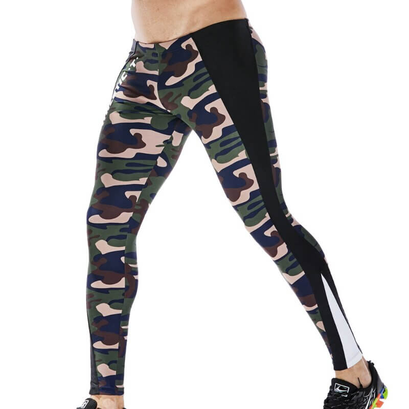 Athletic men's camo skinny tights with spandex blend, ideal for workouts and leisure, featuring mid-waist fit and elastic waistband.