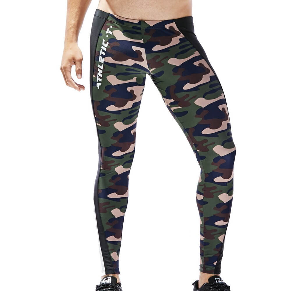 Camouflage athletic men's tights for workout, SF1083. Mid-waist skinny trousers with elastic waistband ideal for gym and leisure.