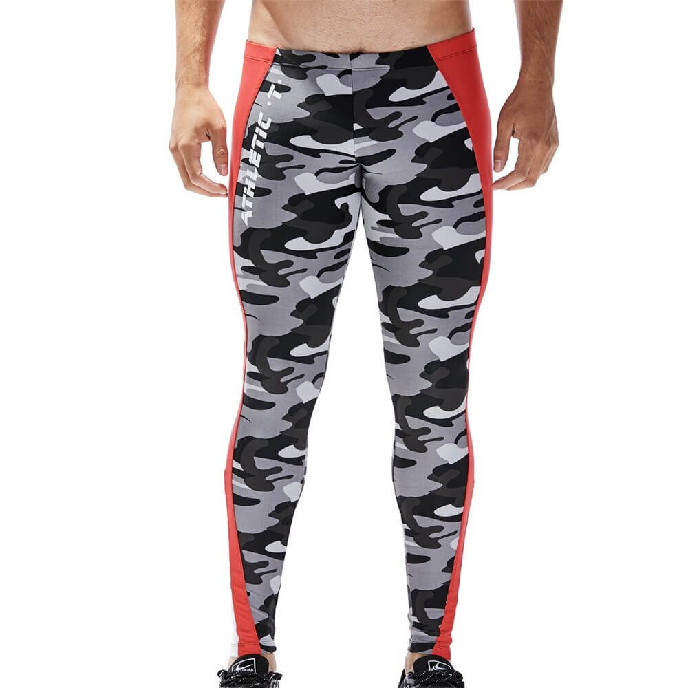 Men's camo athletic tights with red stripes, mid-waist, skinny fit for workouts, made of nylon and spandex.