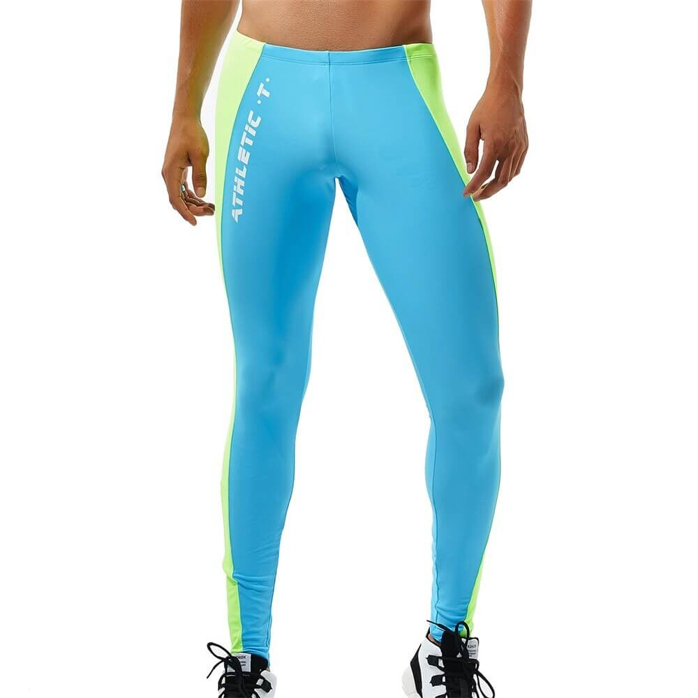 Athletic Men's Tights SF1083 - Blue and Green Skinny Workout Trousers with Elastic Waist for Gym and Leisure