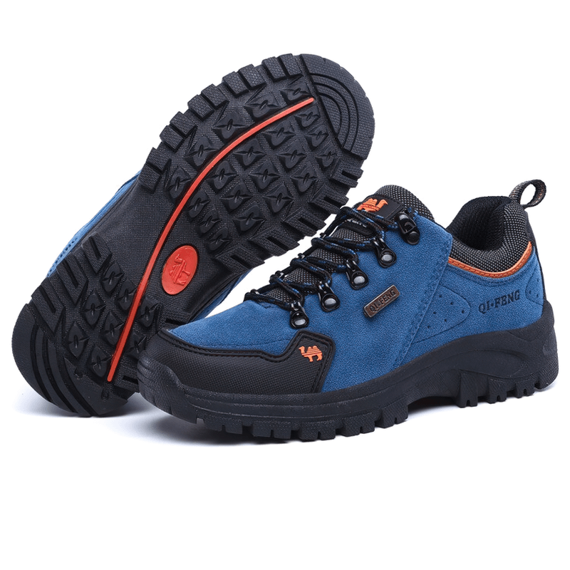 Blue and black non-slip waterproof hiking shoes SF0246 with lace-up design, durable rubber outsole for outdoor trekking adventures.