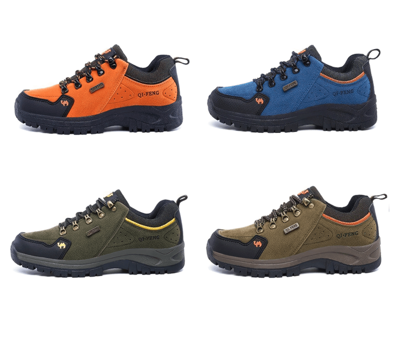 Four colorful pairs of Athletic Non-slip Waterproof Hiking Shoes, perfect for outdoor trekking and maximum performance on any terrain.