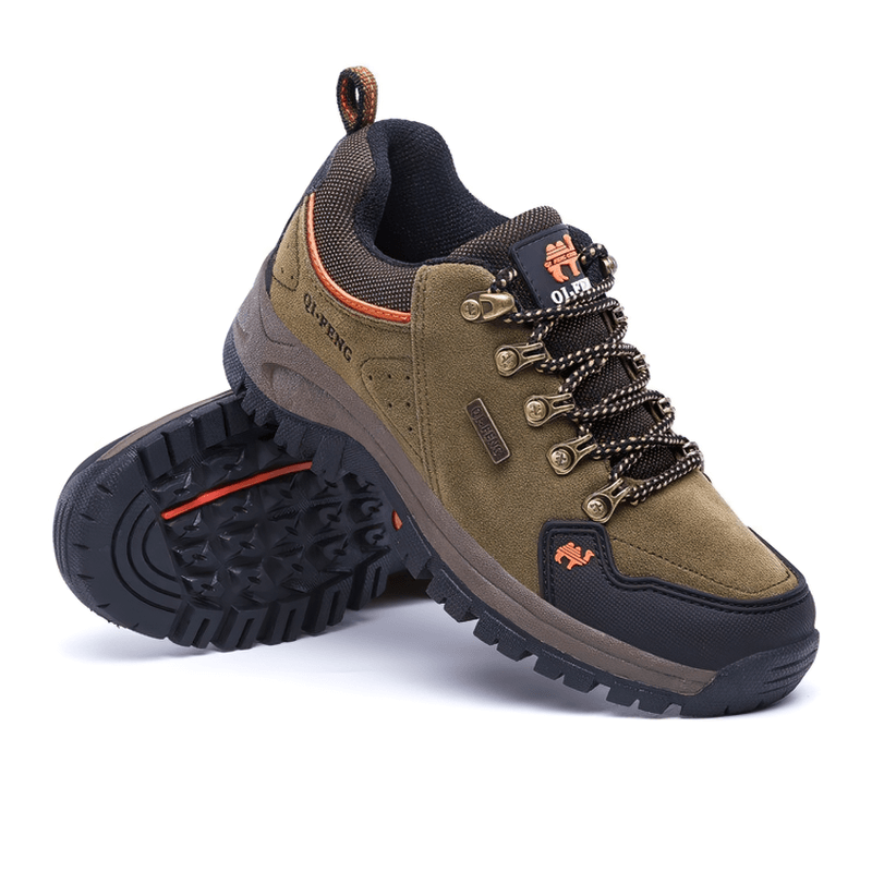 Athletic non-slip waterproof hiking shoes SF0246 with breathable leather upper and black rubber outsole for outdoor trekking.