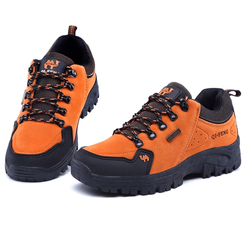 Athletic non-slip waterproof hiking shoes with orange leather upper and black rubber outsole, perfect for outdoor trekking - SF0246.