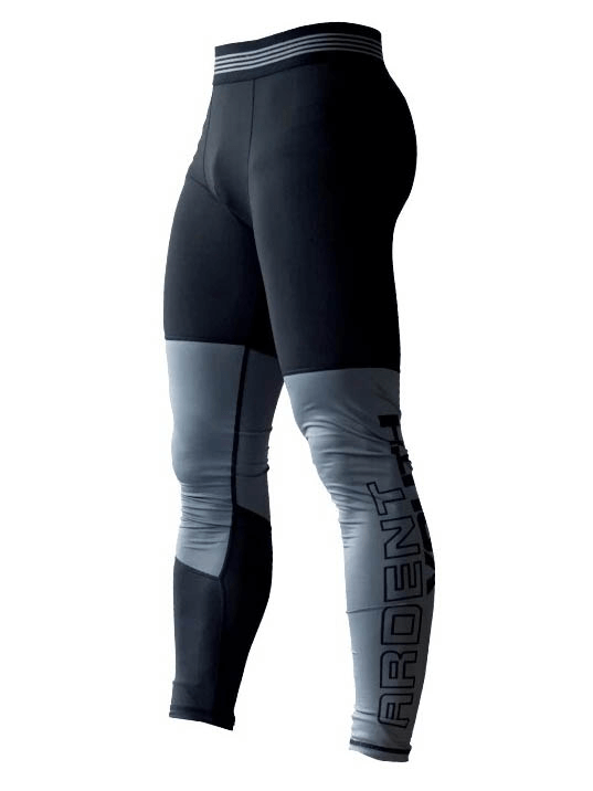Quick-drying black and gray compression tights for men with stylish design, perfect for running and fitness workouts.