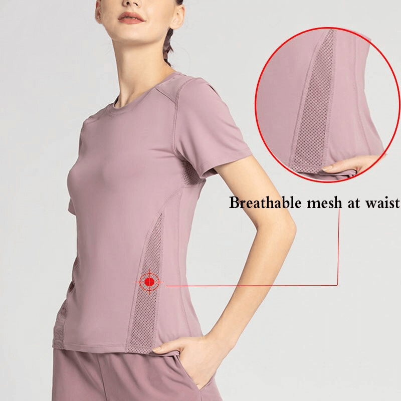Athletic Round Neck Quick Dry T-Shirt with Mesh Back for women, perfect for yoga with breathable fabric and anti-pilling properties.