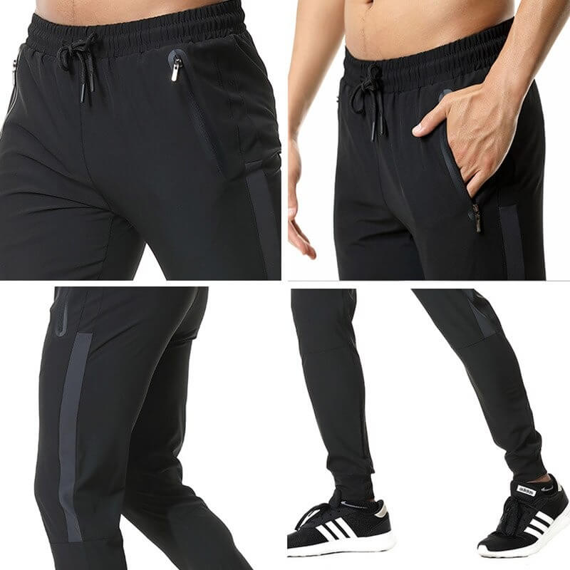 Men's athletic soccer running trousers with zip pockets, featuring flexible black design for active lifestyles and sporting comfort.