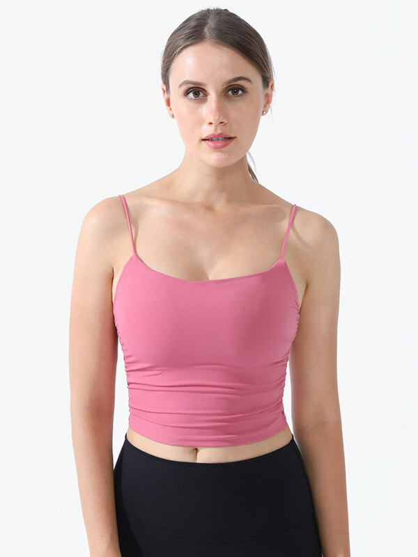 Athletic Women's Strap Thin Camis in pink, perfect for yoga, made from nylon with anti-friction features for comfort and movement.