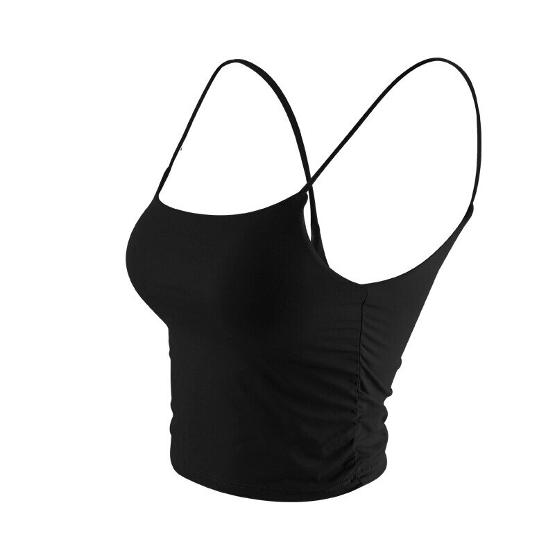 Black athletic women's strap-thin camis for yoga, made from nylon with anti-friction design, offering comfort and freedom of movement.
