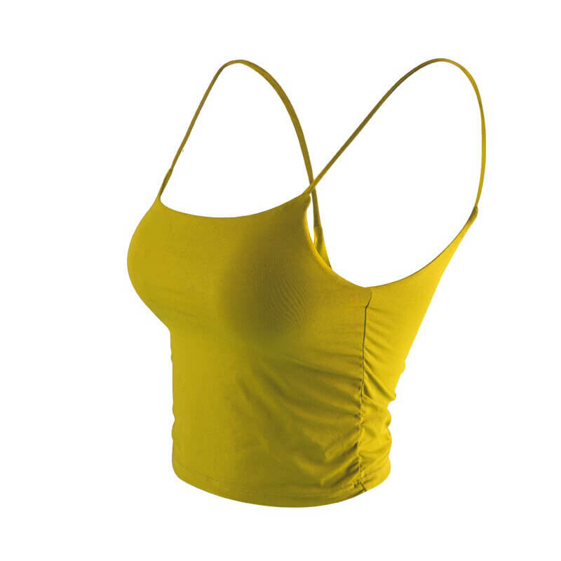 Yellow athletic women's strap-thin camis for yoga, made of nylon with anti-friction design. Perfect ladies sportswear top.
