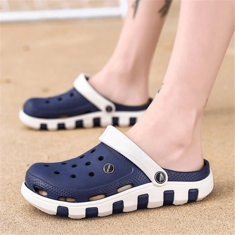 Beach lightweight quick-drying sandals with anti-slip soles, perfect for outdoor fun and comfort in stylish navy and white colors.
