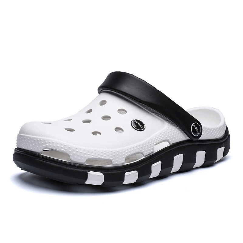 Beach lightweight quick-drying sandal in white with black accents, featuring flexible rubber sole and breathable design, ideal for summer activities.