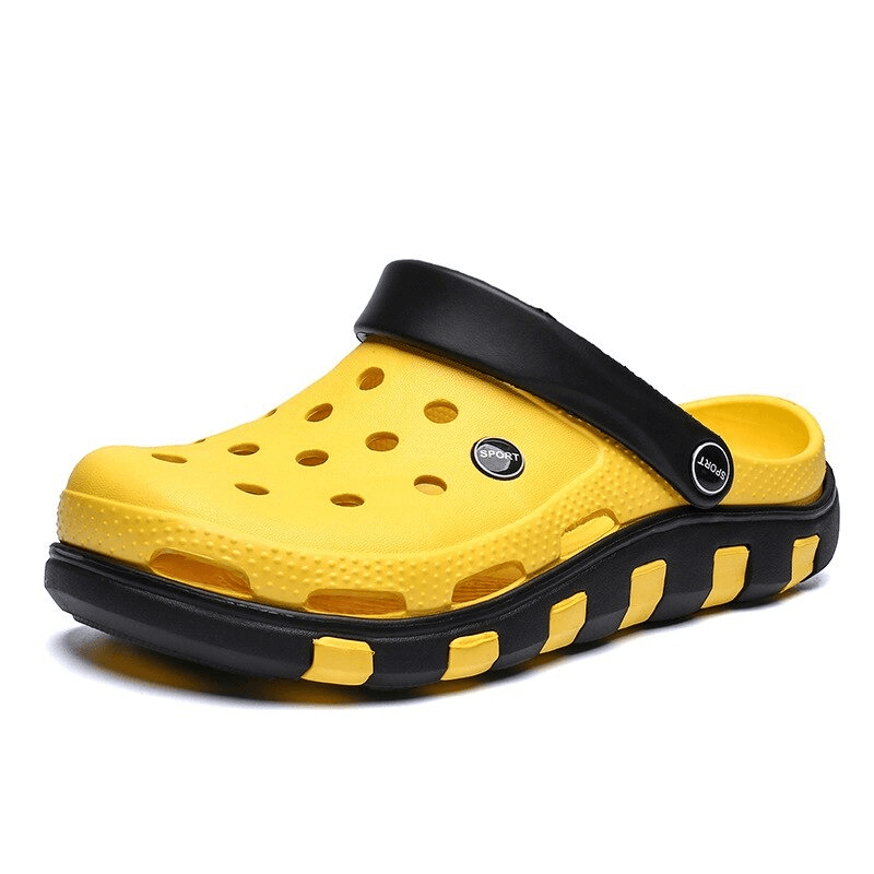 Yellow quick-drying beach sandal with black flexible sole and breathable anti-slip design for outdoor activities, model SF0286.