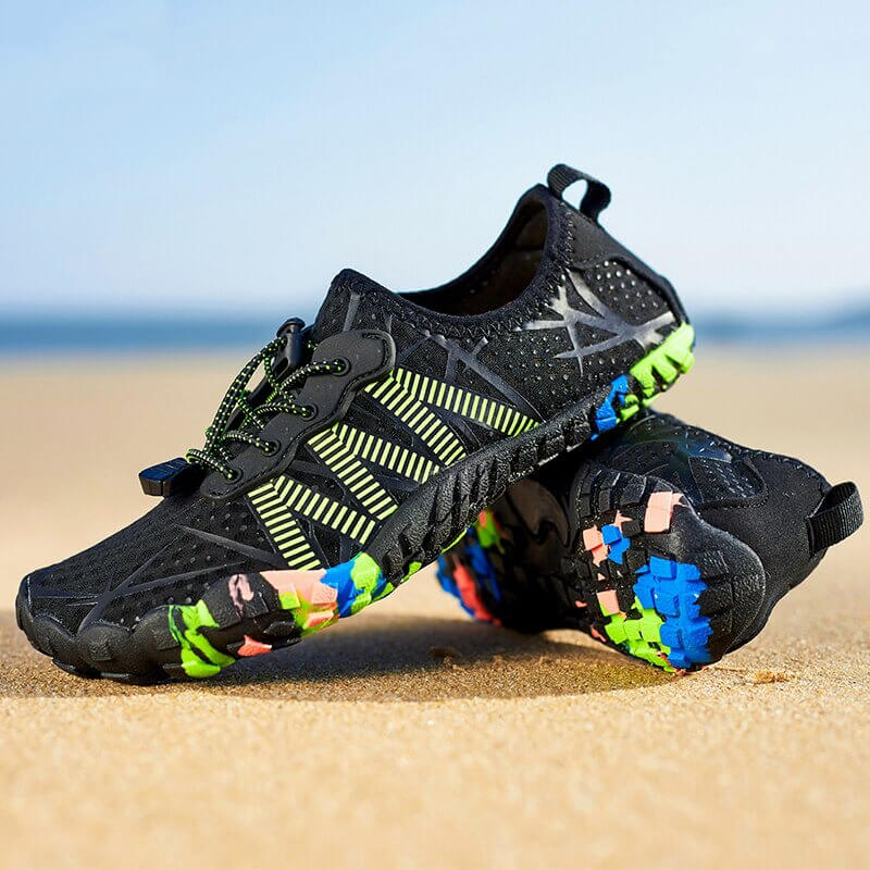 Unisex black beach quick-dry shoes with lace-up and colorful sole, perfect for water sports and sandy adventures - SF0472.
